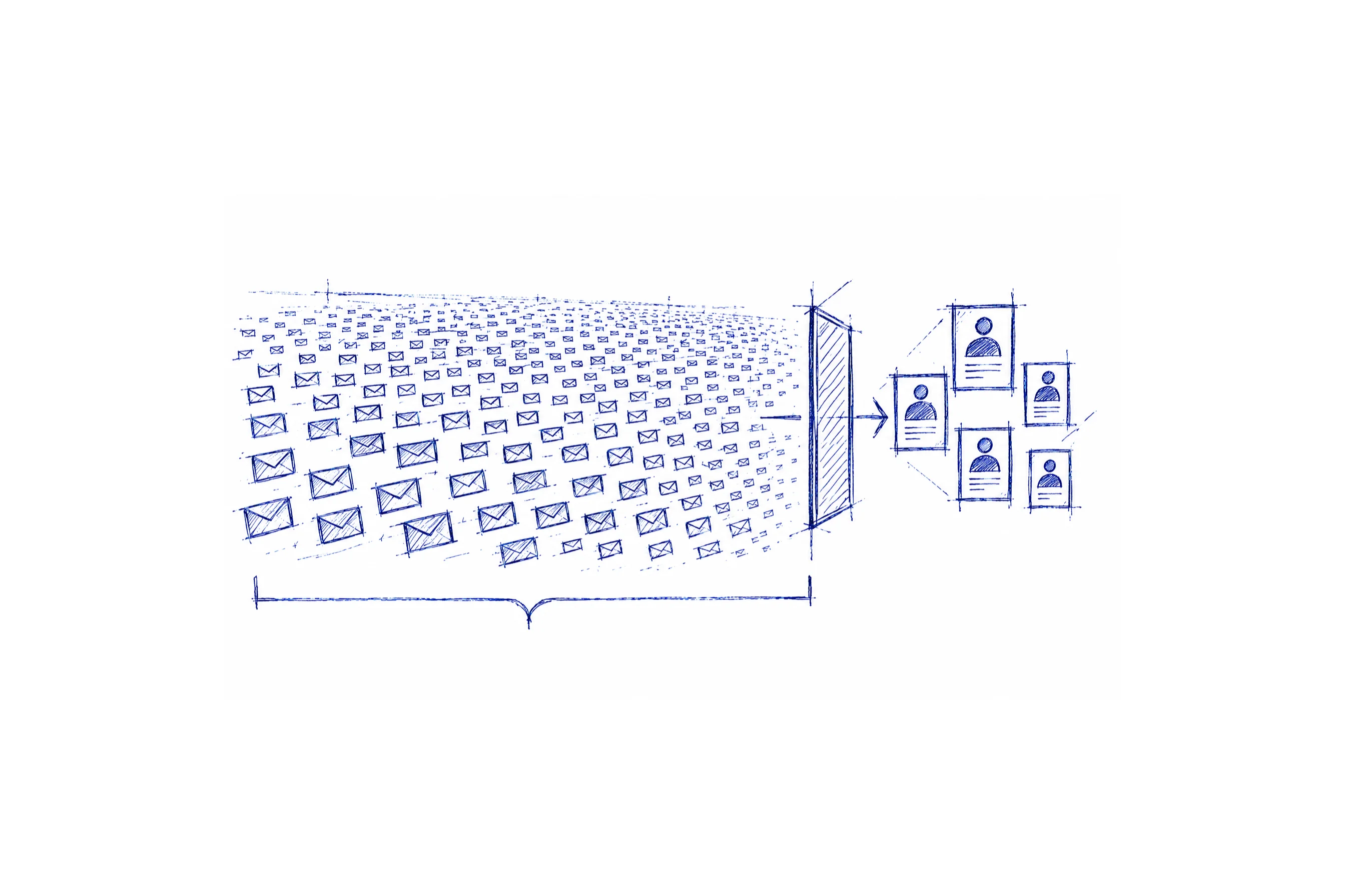 A blue pen sketch of many email envelopes passing through a divider toward a small group of contact cards.
