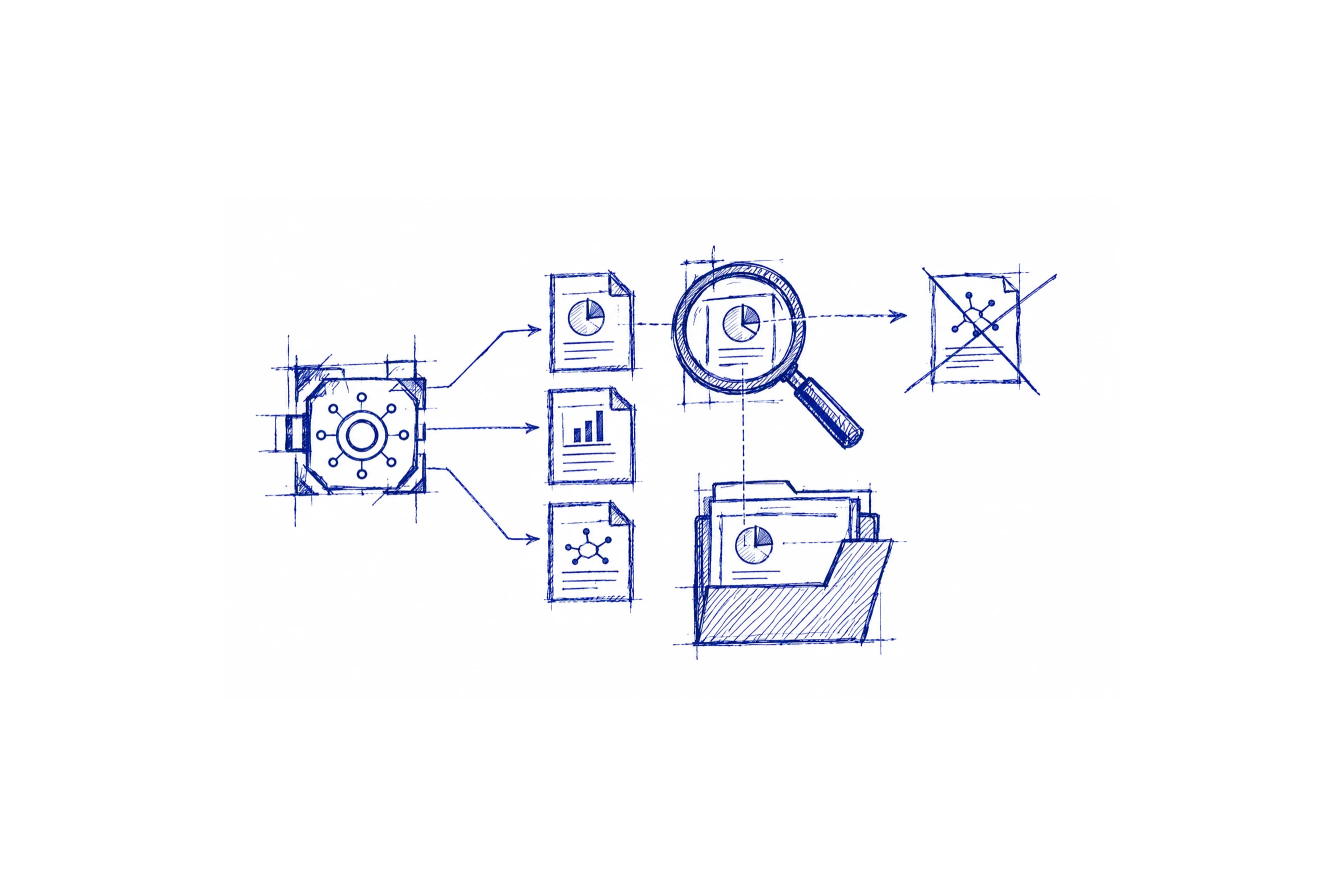 A blue pen sketch of an AI processor sending reports to a magnifying glass and source folder, with one report crossed out.