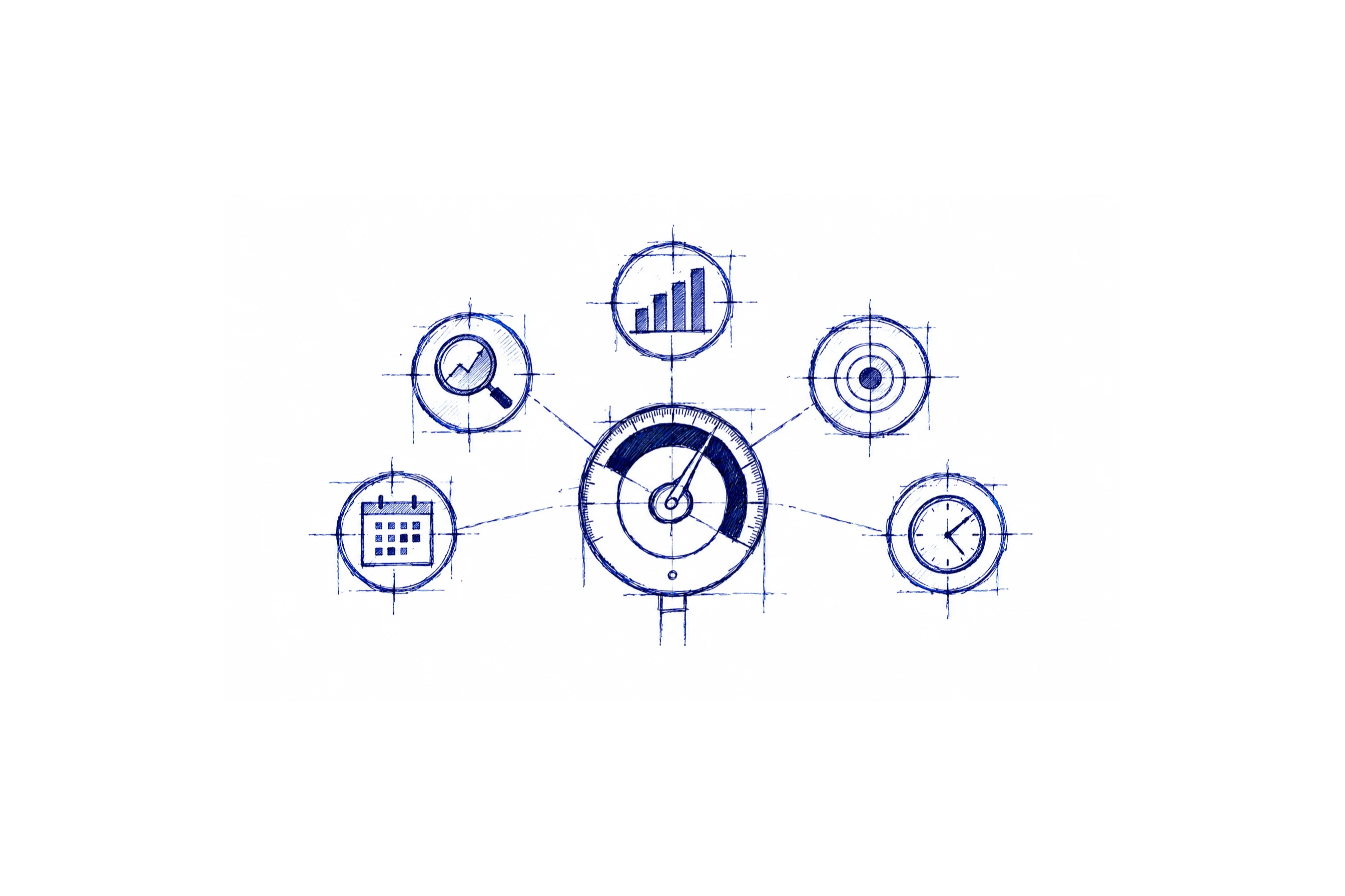 A blue pen sketch of a sales gauge connected to a calendar, magnifying glass, bar chart, target and clock on white paper.