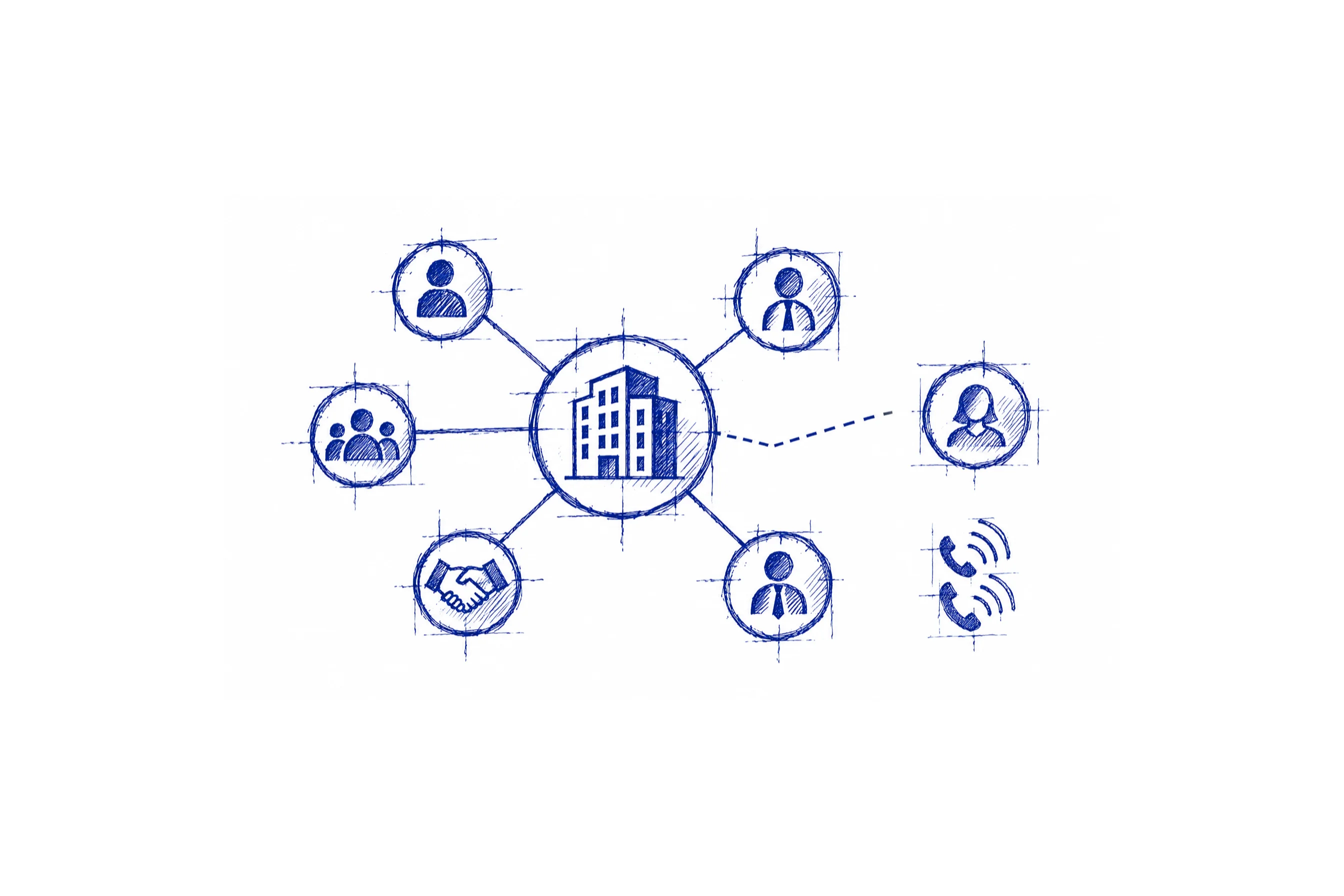 A blue pen sketch of a company connected to people and a handshake, with a dashed connection to another contact and phone symbols nearby.